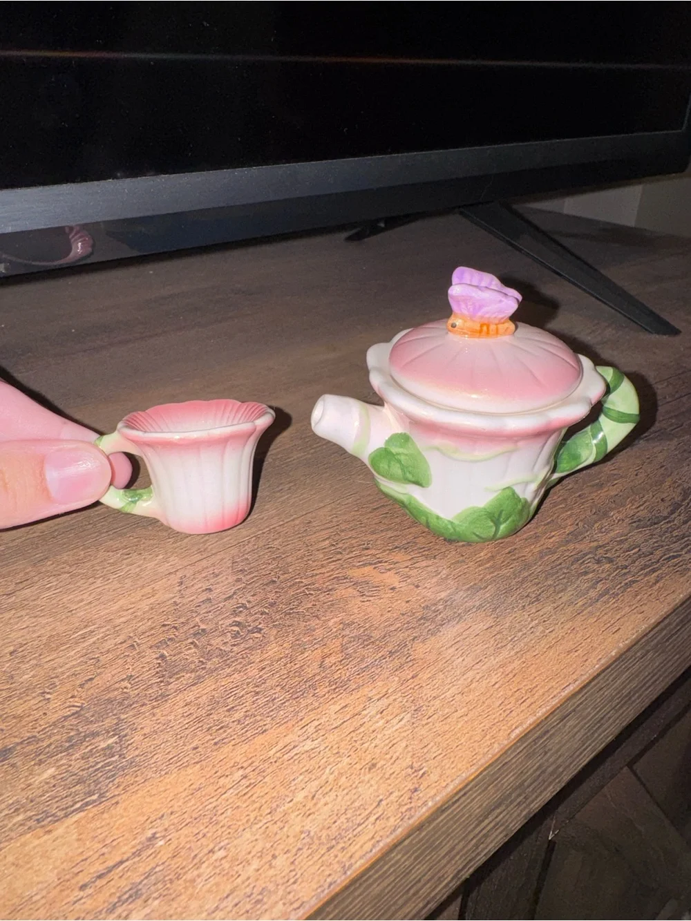Mini Glazed Ceramic Tea Set Pink Floral Teapot w/ Lid & Matching Cup (2pc)